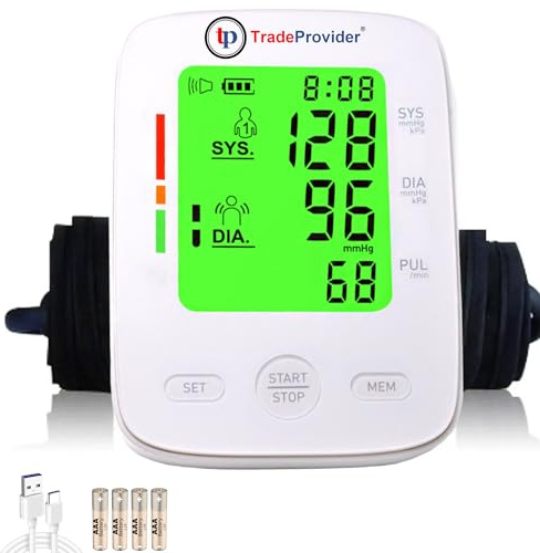 TradeProvider® Digital Blood Pressure Monitor, Upper Arm 22–42cm Cuff, 2 * 99 Memory, Nurse LCD Display Pulse Approved & Heartbeat Detector for Home, Pregnancy & Clinic Use