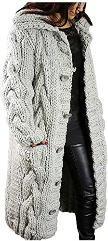Strickmantel damen Lang-Strickjacke Lang GroßE GrößEn Grobstrick-Longstrickjacke Mit Kapuze KnöPfe Strickcardigan-Grobstrickjacke Elegant Cardigan Zopfmuster-Strickjacken Strickpullover Jacke