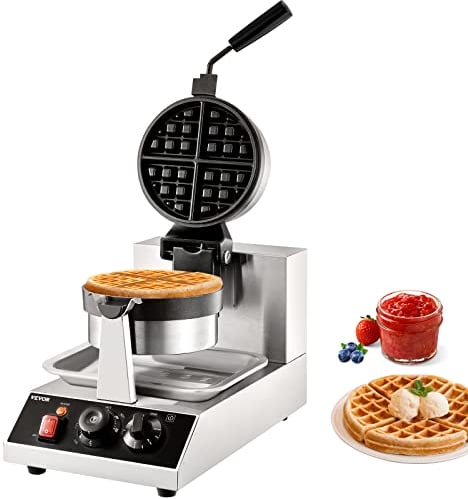 VEVOR Rundes Waffeleisen Waffel 1300 W, Kontaktgrill Belgische Waffeleisen 4 Stk. Edelstahl Waffeln Automat inkl. Lebensmittelclip & Bürsten & Verbrühungssicherer Griff, für Cafés, Restaurant usw.