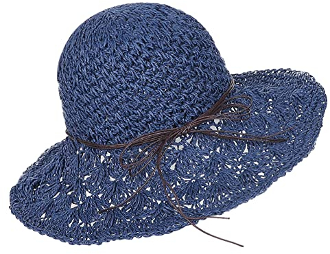 Chapeau de Paille d'Eté pour Femme Chapeau de Soleil Anti-UV Pliable Capeline Large Bord Protection Soleil UPF50+ Fedora Réglable Chapeau de Plage Respirant Décoration Vacances pour Extérieur Pêche