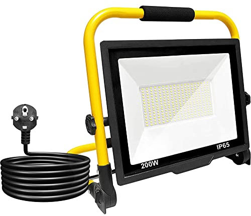 Faretto da Cantiere 200W, Faro 266 LEDs, Luce di Inondazione Bianca 6000K, 20000LM, Girevole a 360º, Impermeabile IP65, Pieghevole, cavo da 3 m. Illuminazione esterna, Officina, Lavoro, Garage