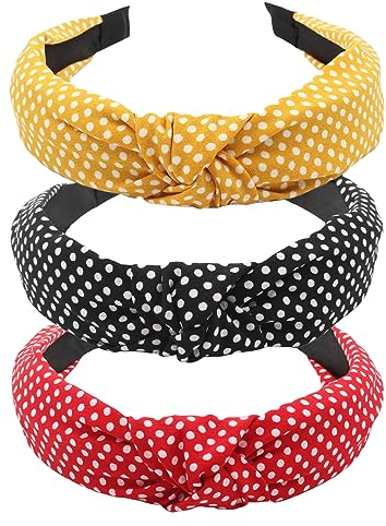 scicent Haarschmuck 3 Stück Punktdruck Haarband Damen Haarreifen Breit Vintage Haarreif mit Knoten Mode Stirnbänder für Frauen (schwarz+rot+gelb) - 11511