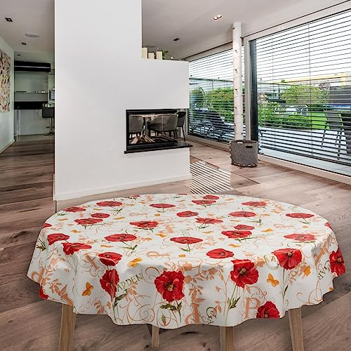 laro runde 140 cm wachstuchtischdecke wachstischdecke abwashbar PVC tischdecke Wachstuch wasserabweisend Garten tischdecke, Muster:Mohnblumen Rot
