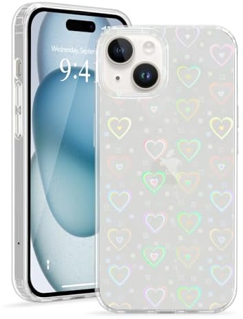 L-FADNUT for iPhone 15 Case Clear Cute Holographic Heart Pattern for Women Girls Transparent Fashion Glitter Silicone Bumper Shockproof Protective Phone Case for iPhone 15