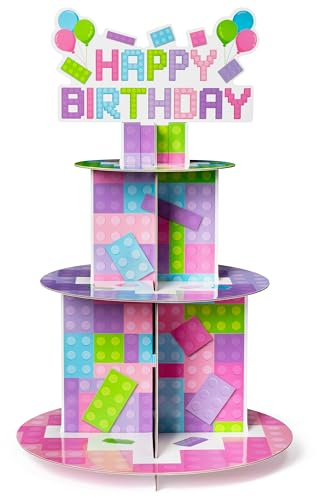 Adval9Vram Soporte para cupcakes de bloque rosa – 3 niveles de cartón para tartas y postres, 2 bandejas redondas para exhibición de pasteles, centro de mesa para servir tartas para cumpleaños, té de