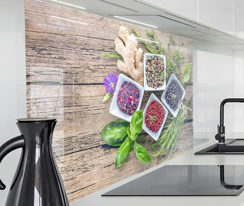 timalo Spritzschutz Wand für Herd, Küche Küchenrückwand Glasoptik | Acryl Glas 2mm | Glasrückwand Acrylglas Wandpaneele Rückwandschutz Platte | 60x40cm Gewürze Holzplanken