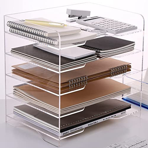 HeZone Papierablage, Schreibtisch-Organizer aus Acryl, Ablage mit 5 Fächern in größerem Format, stapelbare Papierablage, transparente Briefablage als Bürozubehör, 5-stufige, größere Ablage