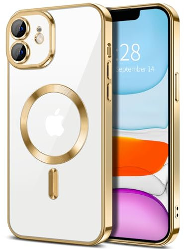 Hython Magnetic Clear for iPhone 11 Case with Camera Lens Protector [Compatible with MagSafe] Luxury Plating Edge Slim Soft TPU Cover Protective Phone Case for iPhone 11 6.1, Gold