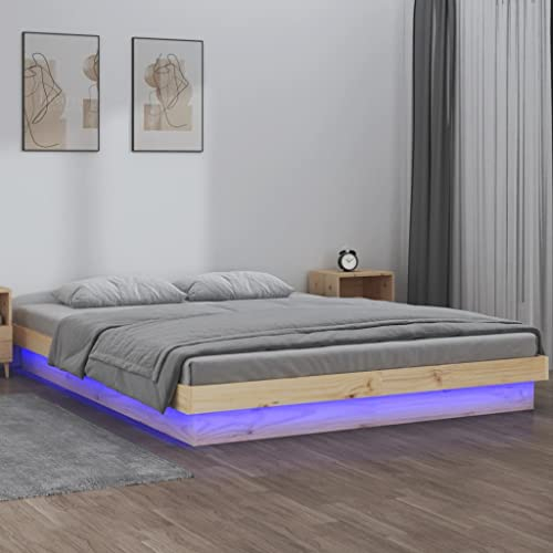 ULUYYUC Massivholzbett, Bodenbett Palettenbett Bettgestell Gästebett Geeignet für Arbeitszimmer Wohnbereich Schlafzimmer Zimmer Mieten mit LED-Beleuchtung 140x200 cm