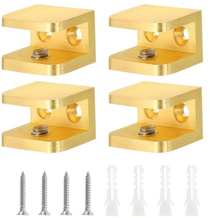 QUARKZMAN Pince de Fixation pour Étagère en Verre, 4 Pièces, en Cuivre Doré, Réglable, pour Verre Épais de 10-12 mm, Support de Fixation en U pour Panneau Fixe