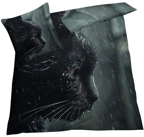 YELDAN Bettwäsche 140x200 Katze, Schwarze Katze Bettbezug, Bettwäsche-Sets 2 teilig, Weich & Bügelfrei Mikrofaser Wendebettwäsche und 1 Kissenbezug 80x80 mit Umschlag