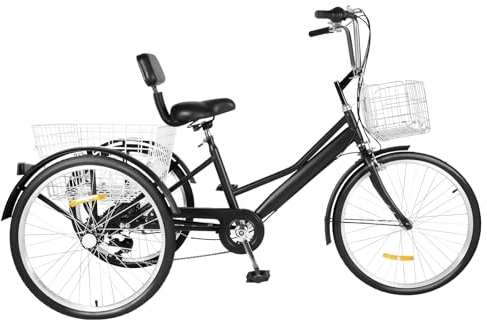 WooDerson 24 Zoll 3 Räder Fahrrad Für Erwachsene, 7 Gang Dreirad Mit 2 Einkaufskorb, Kohlenstoffgehalt Erwachsenendreirad Geschenk