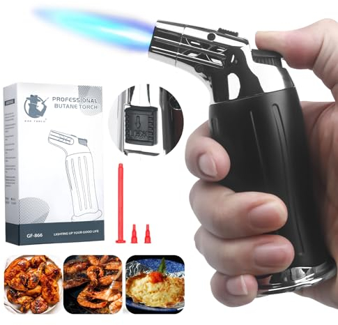 VORHOT Flambierbrenner Klein Einhandbedienung, Küchenbrenner mit Sicherheitsschloss, Nachfüllbarer Bunsenbrenner, Creme Brulee Brenner für Küche Desserts Grill Camping DIY(Butan Nicht Inbegriffen)