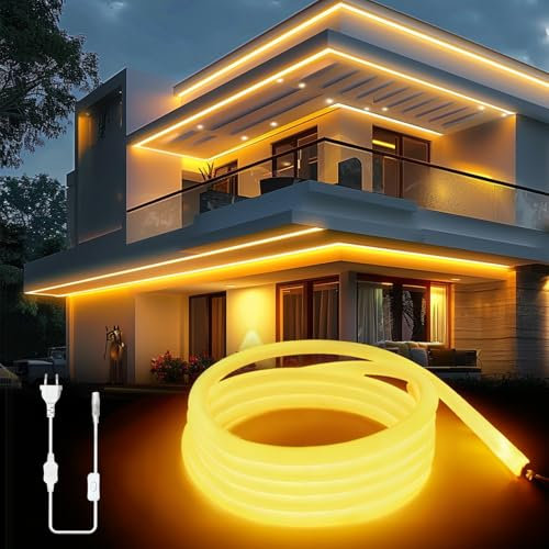 KSIBNW LED Strip Streifen Warmweiß 230V, 2M Neon LED Strip Innen IP65 Wasserdichte 320° Glühen LED Band Aussenbereich Mit Netzteil Lichterkette Lichtband DIY Flexible für Zimmer Deko, Küche, Party