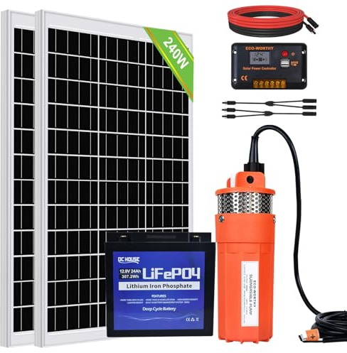 DCHOUSE Juego de bombas solares con batería de litio de 30Ah, bomba de agua solar de 12V + juego de panel solar de 240W + batería de litio de 30Ah para pozos, riego, llenado de depósito de agua