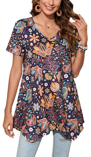 Enmain Camiseta Mujer Manga Corta Top Túnica Larga Cuello de Pico Blusa Elegante y Cómoda Talla Grande Tops Estampadas T Shirt para Mujeres,Violeta,XXL