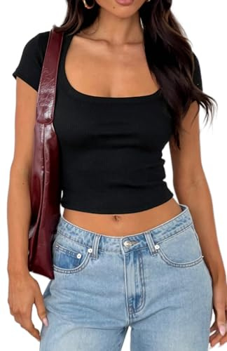 Women's Basic Slim Fit Crop Top Short Sleeve Scoop Neck Ribbed T-Shirt