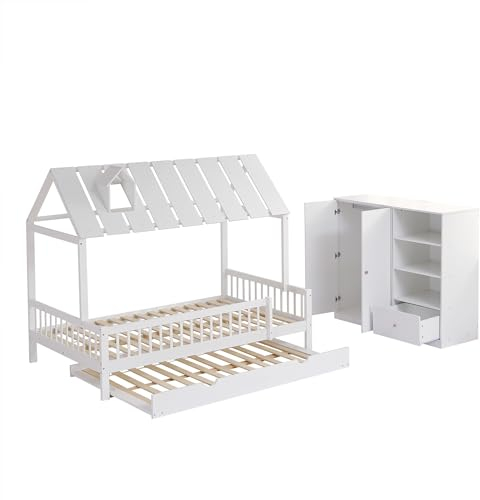 Generisch Hausbett + Kleiderschrank + Bücherregal dreiteiliges Set Kinderbett Jugendbett mit Flaschenzug Bett Kleiderschrank Bücherregal Kiefer + MDF weiß passend für Schlafzimmer 120x200/190cm