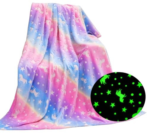 Generisch Glühende Kinderkuscheldecke 150 x 100 cm, Kuscheldecke für Kinder Passend zu Allen Jahreszeiten | Sterne, Einhorn- oder Dinosaurier-Motiv | | BLANKGLOW (Einhorn)