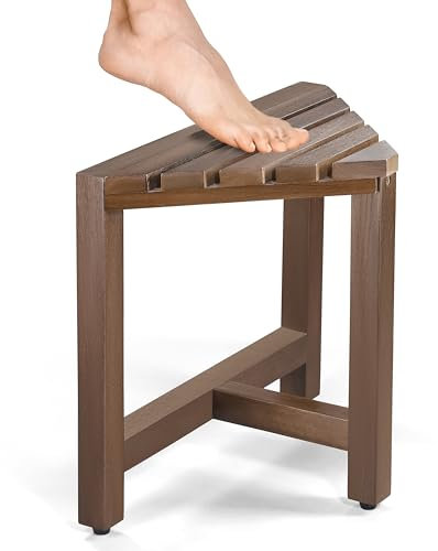 BLUEWEST Shower Foot Stool for Shaving Legs, Acacia Wood Shower Foot Rest, Corner Bathroom Bench with Non-Slip Feet for Small Shower Space, Waterproof/Durable/Stable Shower Bench, Corner Shower Stool