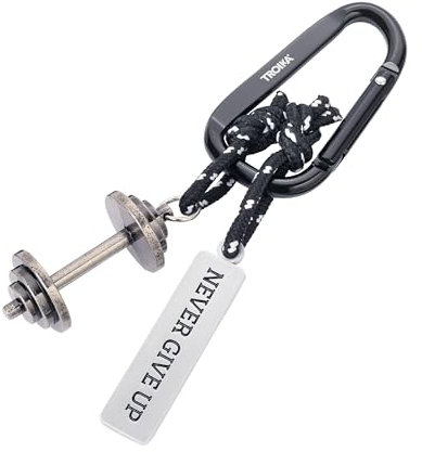 TROIKA Schlüsselanhänger Fitness NEVER GIVE UP mit Karabinerhaken 2 Anhängern an dekorativem Kletterseil: Hantel und Plakette, Zinklegierung, verchromt, schwarz, silberfarben Original