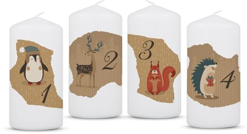 GRAVURZEILE Bedruckte Adventskerzen - Advent Tiere Vintage - Weihnachtskerze für den Adventskranz 4er Set - Dekoration zu Weihnachten - Geschenk für Sie & Ihn - Stumpenkerze 120/58 mm