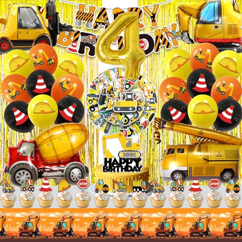 Baustelle Geburtstag Deko 4 Jahre,Bagger Luftballons Geburtstag 109 Pcs,Baufahrzeug Kindergeburtstag Kit Jungen Mädchen mit Banner Tortendeko Tischdecke,Truck BAU Ballons Party Dekoration
