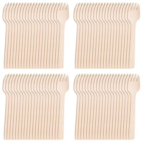 Holzgabeln, 200 Stück Holzbesteck, 10.5CM Einweg Kuchengabeln,Einweggabeln Holz, Party Holzbesteckgabeln, Holzbesteck Löffel für Camping, Reisen und Grillen