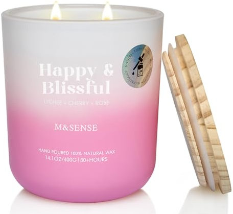 M&SENSE Litschi-Kirsche-Rose Duftkerzen im Glas, 400g große Sojakerze mit zwei Dochten, 80h Brenndauer, Aromatherapie Kerze für Yoga, Spa, Meditation. Geschenk für Freundin, Ehefrau, Mutter