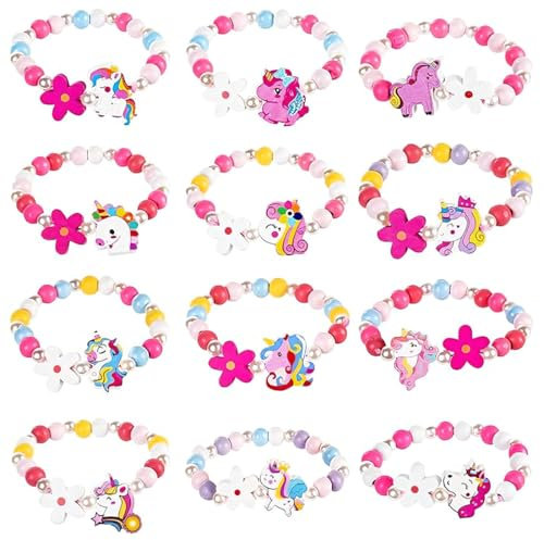 SGERUFZ 12 Pieces Wooden Bracelets for Girls, Handmade Unicorn Friendship Bracelet, Children's Jewelry, Party Favors for Kids' Birthday, Gifts for Girls (Colorful)
