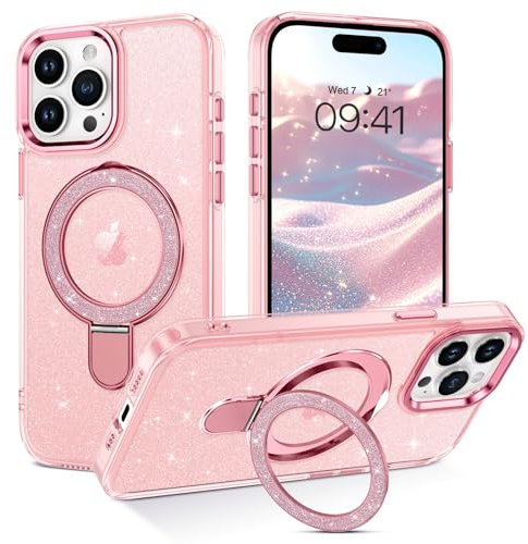 YINLAI Custodia magnetica per iPhone 15 Pro, con supporto ad anello, senza fili, leggera, sottile, in TPU, per iPhone 15 Pro da 6,1 pollici, rosa glitter