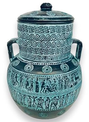 Relief terracotta Amphora Vase 28cm with lid,Ancient Greek Mythology Scenes,Green Patina