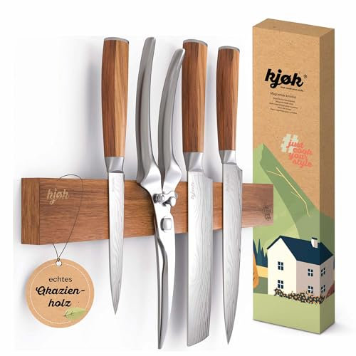 kjøk Premium Messer Halterung magnetisch echtes Akazienholz - Wandhalterung zum Kleben oder Bohren Holz Leiste mit Magnet für Küchenmesser - Magnetleiste Magnethalter zur Wandmontage inkl. Zubehör