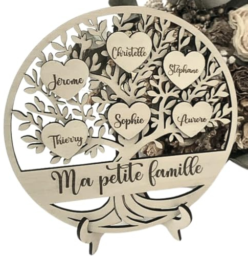Générique Arbre de vie personnalisé en bois COEURS AVEC PRÉNOMS OFFERTS, Décoration murale ou à poser, décoration intérieur, déco mur,anniversaire,noël baptême mariage, saint Valentin (20cm)