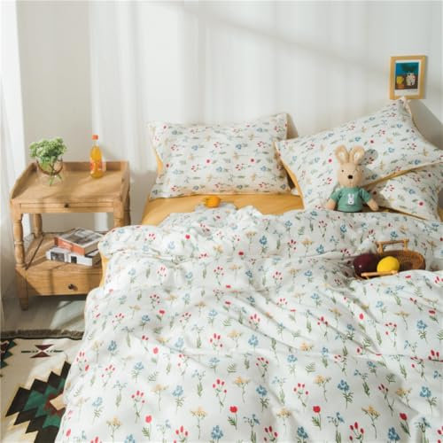Covebett Bettwäsche Baumwolle 155x220 Weiß Gelb Blumen Blümchen Pflanzen Wende Bettbezug Set 2teilig, Cute Kawaii Mädchen Kinder Geblümt Bettbezug und Kissenbezug 80x80 cm mit Reißverschluss