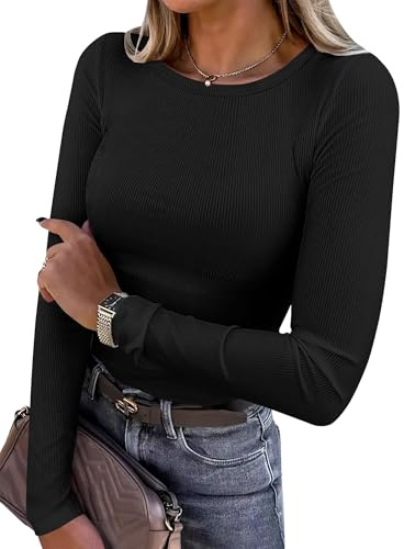 Chicrise Long Sleeve T Shirts Women Crew Neck Tops Basic Slim Fit Ribbed Lightweight Knitted Blouse Black Small 8-10