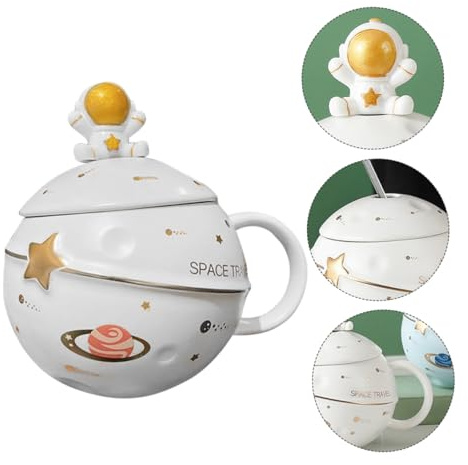 Toyvian Cartoon Astronaut Ceramic Water Cup with Spoon and Lid Space Theme Drinking Mug for Home and Office Unique Design Comfortable Handle Gift for Friends