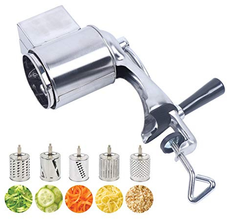 Grattugia a tamburo per verdure con 5 inserti in acciaio inox, tagliaverdure manuale per formaggio, cetrioli, carote, patate, manovella e morsetto da tavolo