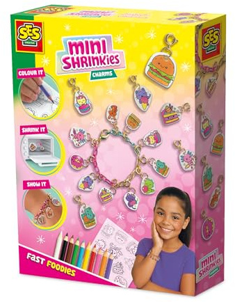 SES Creative Mini Shrinkies - Schrumpffolie | Fast Foodies | Armbänder Selber Machen | Freundschaftsarmband | Made in Holland | für Mädchen Ab 5 Jahren | Mit 10 Buntstifte und Anweisung | 14173