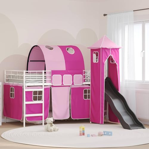 Hoopleep Kinder Loftbett Weiß Rosa 79,5 x 200 cm Metall mit Rutsche, Vorhang, Turm, Spielbogen, Einzelbett Rahmen für Mädchen, Jungen, modernes Jugendzimmer