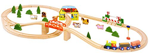 XL Set: Holzeisenbahn incl. Namen - mit Schienen, Tieren + Brücke + Schranke + Zug mit Anhänger - passend zu Allen gängigen Schienen Systemen - Eisenbahn Kreu..
