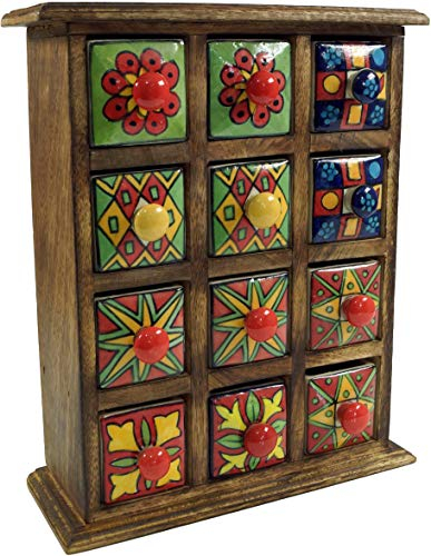 GURU SHOP Apothekerschränkchen mit Bunten Keramik Schubfächern, Gewürzkiste - 3x4 Fächer, Braun, 32x25x10 cm, Dosen, Boxen & Schatullen