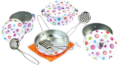 Bino Email-Kochtopf-Set, Spielzeug für Kinder ab 3 Jahre, Motorikspielzeug (Kochset mit 11 Teilen, inkl. Zubehör, Kinderspielzeug in kindgerechtem Punkte-Design, hochwertige Materialien), Mehrfarbig