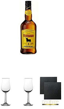 Osborne Veterano Solera 0,7 Liter + 2 Bugatti Nosing Gläser mit Eichstrich 2cl und 4cl + 2 Schiefer Glasuntersetzer eckig ca. 9,5 cm Ø