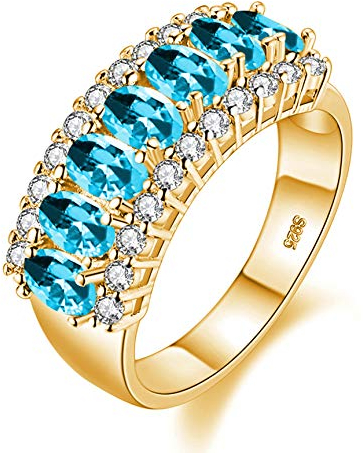 Uloveido Damen Goldbeschichteter Simulierter Oval geschliffener Hellblauer Topasring, 7-Steine Zirkonia Ehering J501 (Hellblau, Größe 18)