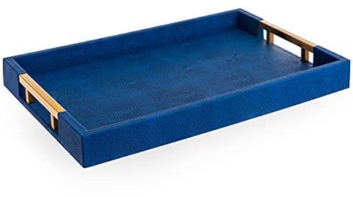 Home Redefined Schönes modernes elegantes Tablett aus Messing, rechteckig, 17.75x12x2 cm, Marineblau/Gold, Shagreen, dekorativer Ottoman, Küche, Serviertablett mit Metallgriffen für alle Anlässe