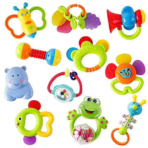 WISHTIME Rassel Beißring Set Baby Spielzeug ab 0 3 6 9 Monate 11 PCS Shaker Greifen Rassel Baby Kleinkind Spielzeug Frühe Lernspielzeug für Jungen Mädchen Baby Geschenke