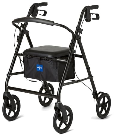 Medline Rollator Walker in alluminio con sedile, pieghevole Mobility Rolling Walker ha ruote da 8, nero