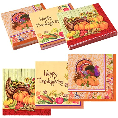 ASTARON 60 Stück Herbst Servietten 33 * 33cm Erntedank Servietten für Herbst Tischdeko, 3 Designs Erntedank-Motiv-Papierservietten