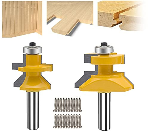 TAIWAIN 1/2-Inch Shank Tongue Groove Flooring Router Bit Set, V-Notch Wainscotting Wood Cabinet Milling Router Bits Sets Cutter, Woodworking Miter Carbide CNC Cutting Tool for Doors,Tables(2)